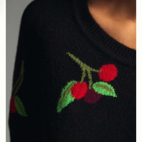 Women’s Maeve Puff-Sleeve 100% Cashmere Sweater Cherry print NWT $168 Size Small - Picture 4 of 7